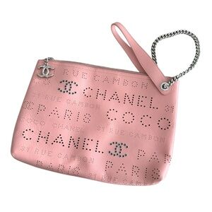 Chanel Pink Calfskin Leather Eyelets Clutch Silver Hardware Evening Wristlet Bag